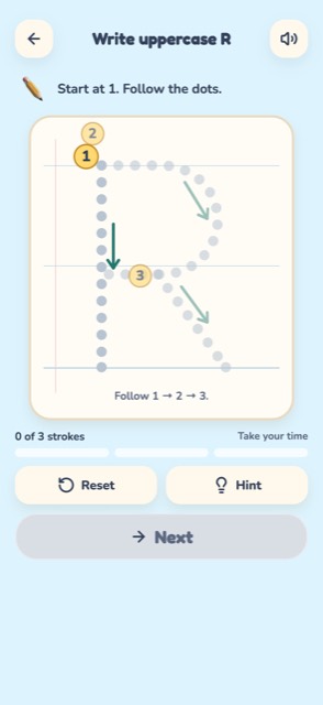 A tracing activity, following numbered dots to write uppercase R